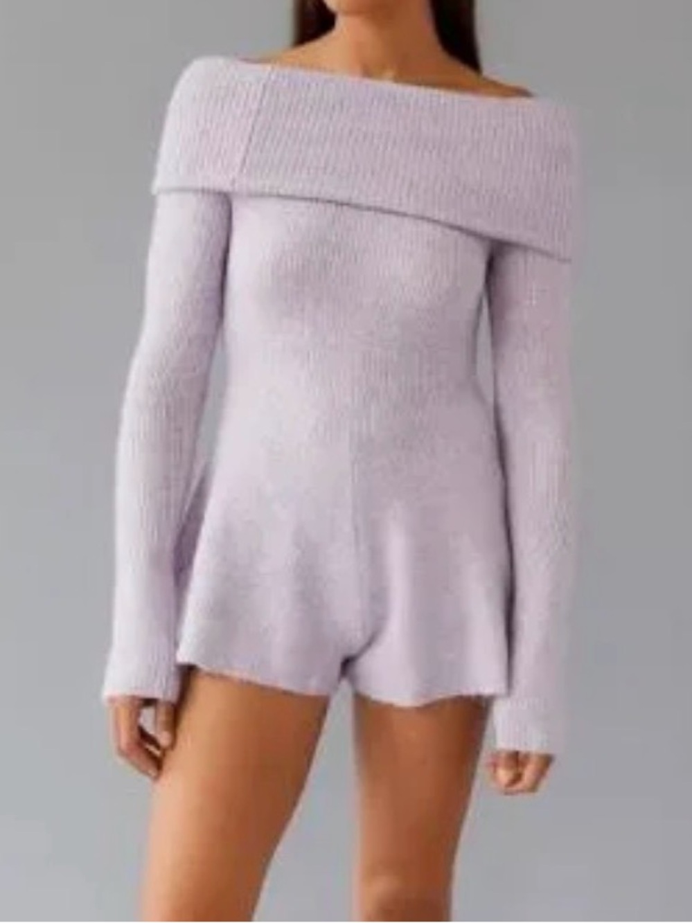 Lilac Off-Shoulder Ribbed Knit Women's Sweater Romper